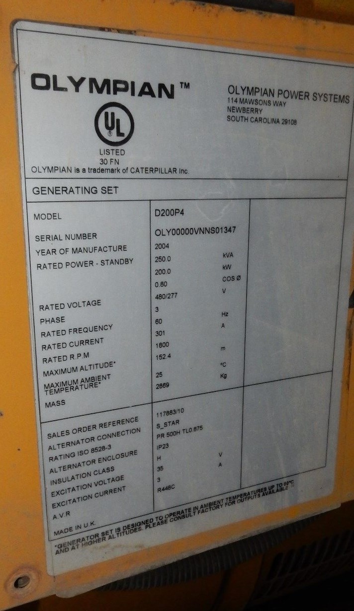 2004 CAT D200P4 200kW  Diesel Generator 240V 3-Phase 4320 Hours