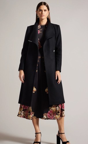 Pre-owned Ted Baker Wmo-sandra Midi Wool Wrap Coat In Black 2 Us