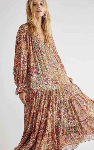 

Платье макси Free People Feeling Groovy Многоярусное с цветочным принтом Красный Зеленый Ржавый Розовый  НОВИНКА, Red green pink rust blue
