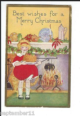 Postcard Best Wishes For A Merry Christmas.Girl Front Fireplace Red Dress