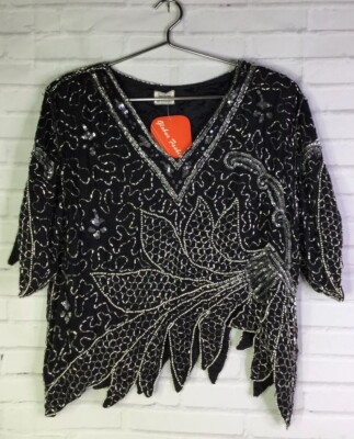VTG Pure Silk Black Silver Beaded Sequins Asymmetrical Top Blouse Womens Size S