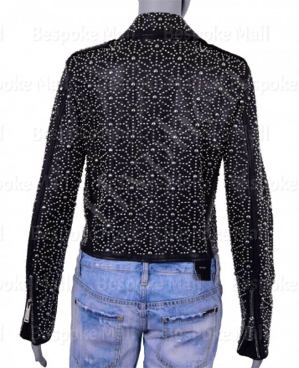 Pre-owned Handmade Men's Full Black Silver Studded Punk Unique Cowhide Biker Leather Jacket-766