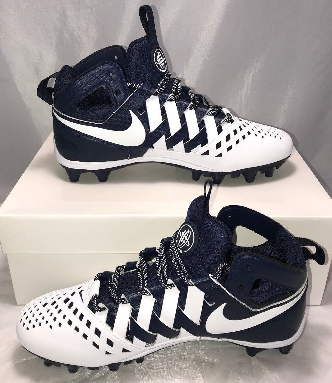 Nike Mens Size 14 Air Huarache Football Lacrosse Cleats White Navy Blue $100