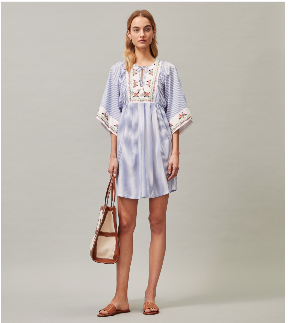 Pre-owned Tory Burch Embroidered Beach Tunic M Swim Cover Up 6 8 Beach Caftan Stripe In Blue