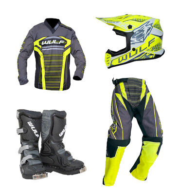 Kid Wulfsport MX 2024 CORSAIR Motocross Shirt Pant Helmet Boots Yellow Set #13