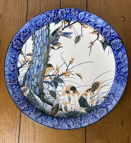 文鳥舎　プレート Toyo Japan Large Porcelain Plate Platter Birds Mushrooms