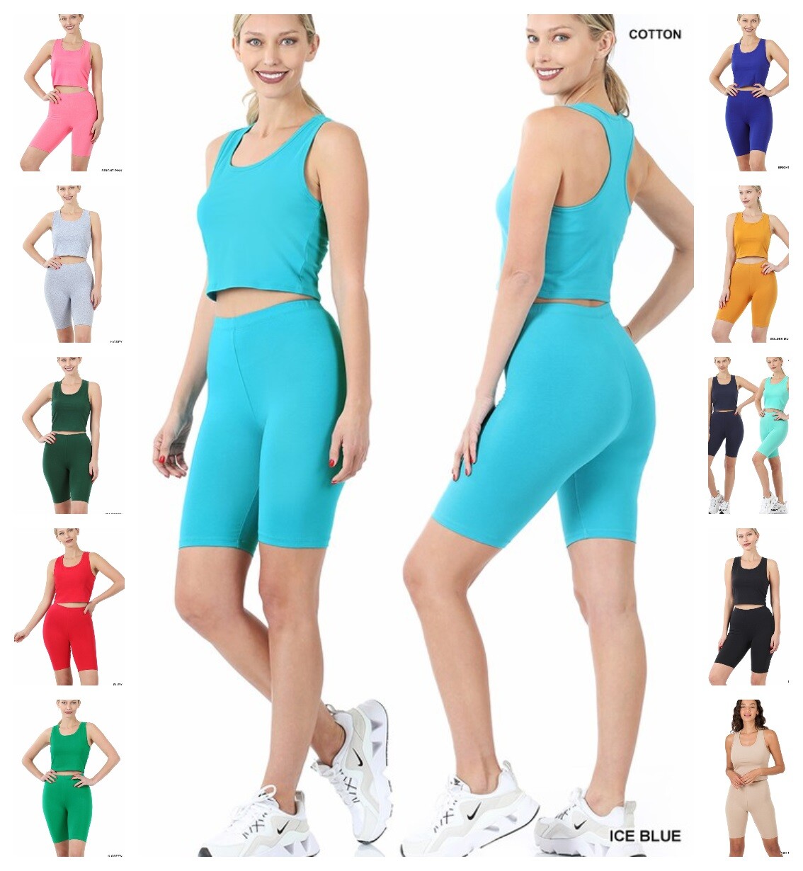 2 pc SET Women Soft COTTON STRETCH Crop RACERBACK Tank Top+SHORTS LEGGINGS S-XL 