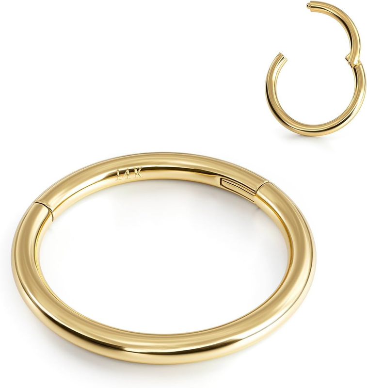 Hinged 14K Solid Gold Nose Rings Hoops - 16G Septum Rings CZ Clicker Hypoallergenic Cartilage Earrings for Women Conch Piercing Jewelry Helix Tragus Lobe Daith Snug Belly Button 7Mm-10Mm