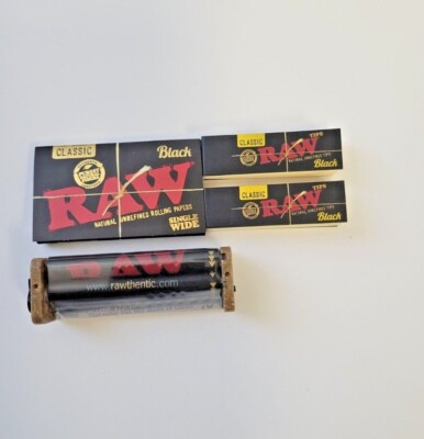 Authentic RAW Black Single Wide Papers+ Rolling Machine+ Black Tips 4 PC Bundle 