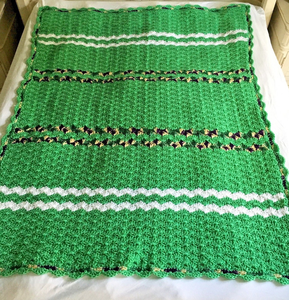 Handmade Crochet Afghan 53 x 68 Seashell Large Throw Blanket Green Purple White