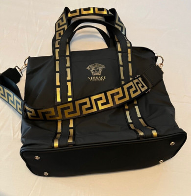 Versace Parfum Black Tote Bag Weekender Overnight Goldtone  Shoulder Strap