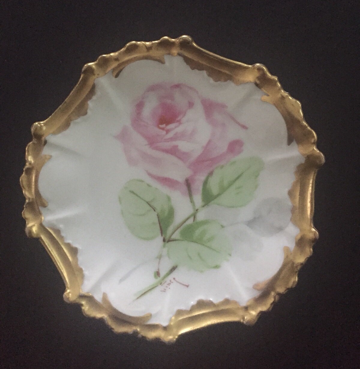 Limoges France LDBC Hand Painted 4 In Plate Pink Rose Gold Scallop Trim ~Signed