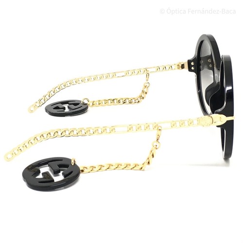 Pre-owned Gucci Gg0726s 726 001 Black Gold Grey Lens Round Women Sunglasses Gg Charm In Gray