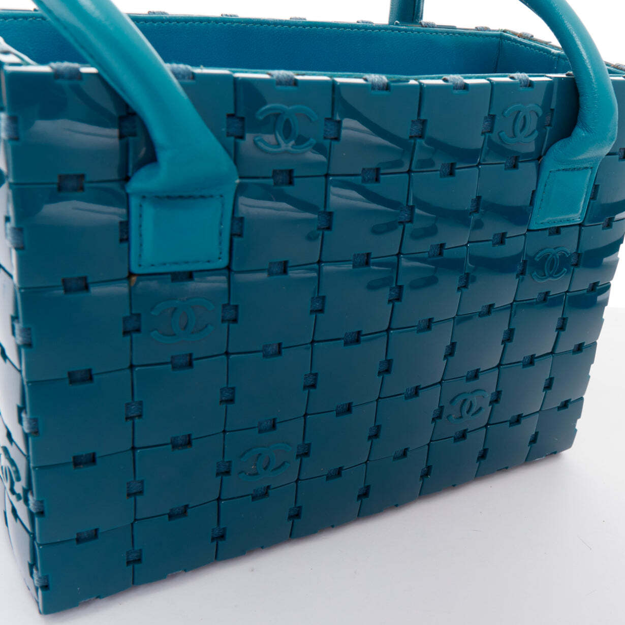 rare CHANEL Puzzle blue plastic CC chip leather stitch tote