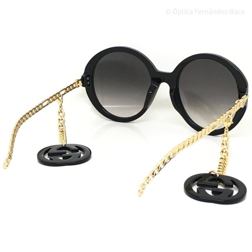 Pre-owned Gucci Gg0726s 726 001 Black Gold Grey Lens Round Women Sunglasses Gg Charm In Gray