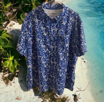 Columbia Mens sz XXL Hawaiian Short Sleeve Fishing Shirt Blue White Palms Fish
