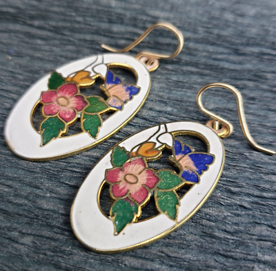 Cloisonne Enamel White Butterfly Flowers Dangle Earrings Gold Fill