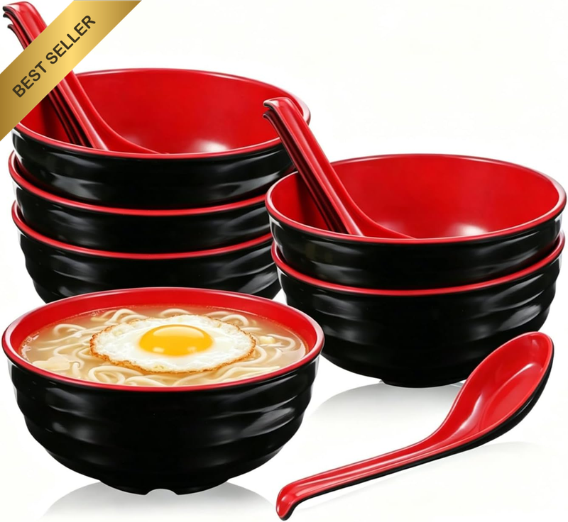 6 Pack Melamine Ramen Bowl Set with Matching Spoons, Red Black Japanese Noodle S