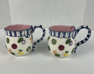 Vintage Fitz & Floyd Set of 2 Mugs Petit Vegetables 1993 Coffee Tea Cup Blue