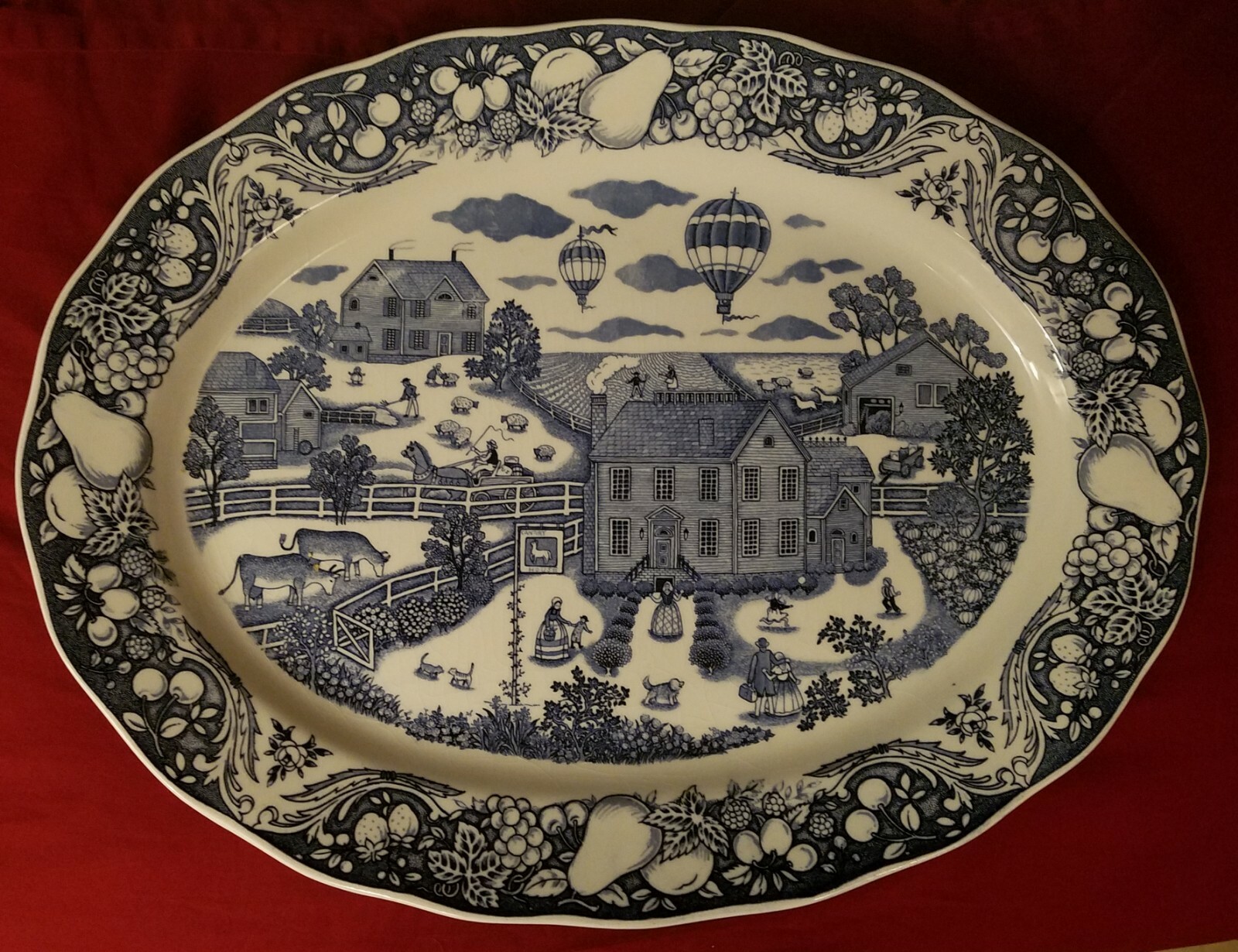 Vintage SANYEI Blue Transferware Large Oval Serving Platter~Japan~Farm, Balloons