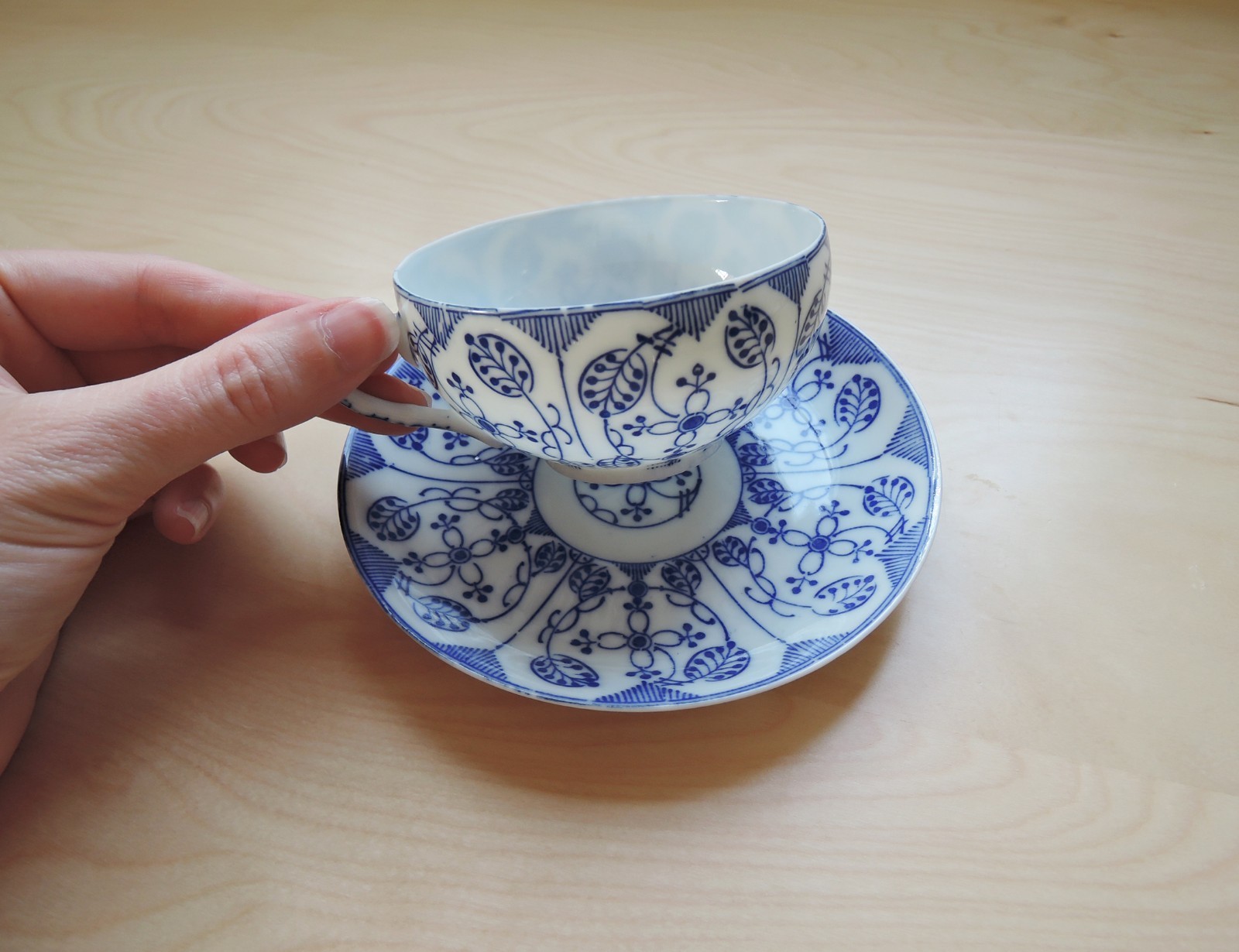 Vtg Tokusei Nippon Japanese Eggshell China 1950 Cup Teacup Saucer Blue White