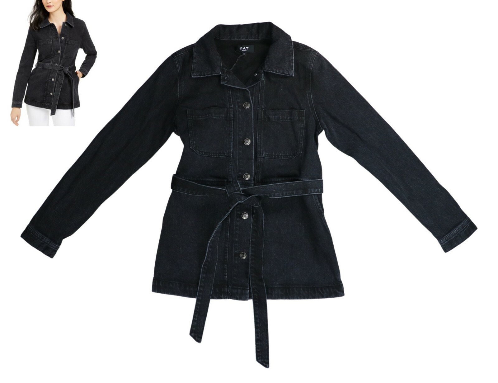 OAT Button Front Long Length Belted Women's Denim Trucker Jacket L NWT Blackwood OAT Button Front Long Length Belted Women's Denim Trucker Jacket L NWT Blackwood