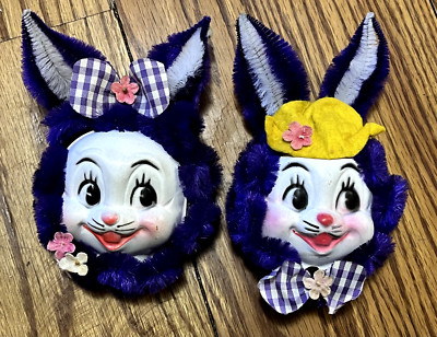 Vtg Handmade Mr & Mrs Easter Bunny Rabbit Refrig Magnets (Chenille Pipe Cleaner)