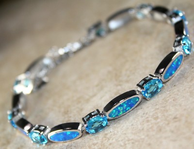 Silver Elegant Blue Fire Opal & Sky Blue Topaz Bracelet