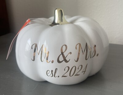 Mr & Mrs Est 2024 Martha Stewart Ceramic Pumpkin with Gold Stem Wedding Gift