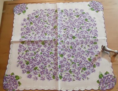 Vgt White Semi Sheer Cotton Scallops Purple Violets Hankie Handkerchief