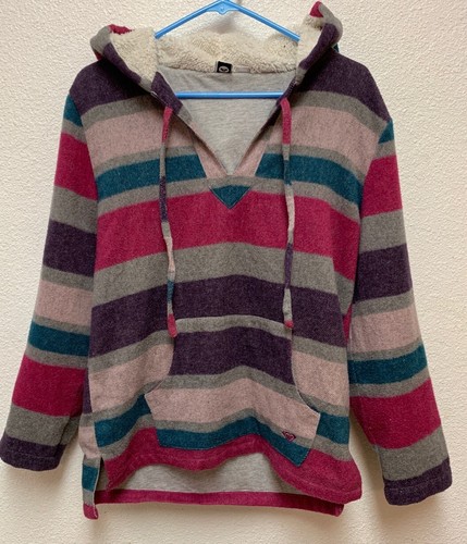 ROXY Striped Fur Hooded Sweatshirt Deep V-Neck Soft Hoodie