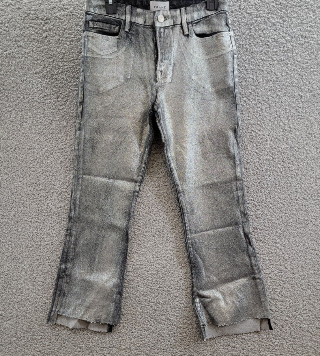 FRAME Le Crop Mini Mid Rise Coated Bootcut Jeans Women's 28 Gunmetal Button Zip - Picture 2 of 18