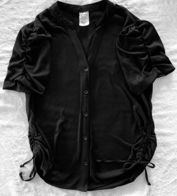 No Boundries Women's Black Cinched Short Sleeve Button Blouse Size Large