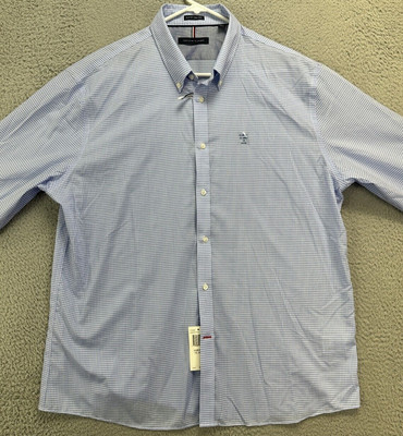 Tommy Hilfiger Shirt Men 18 34-35 Blue Checkered Slim Fit Non-Iron Button Up NEW