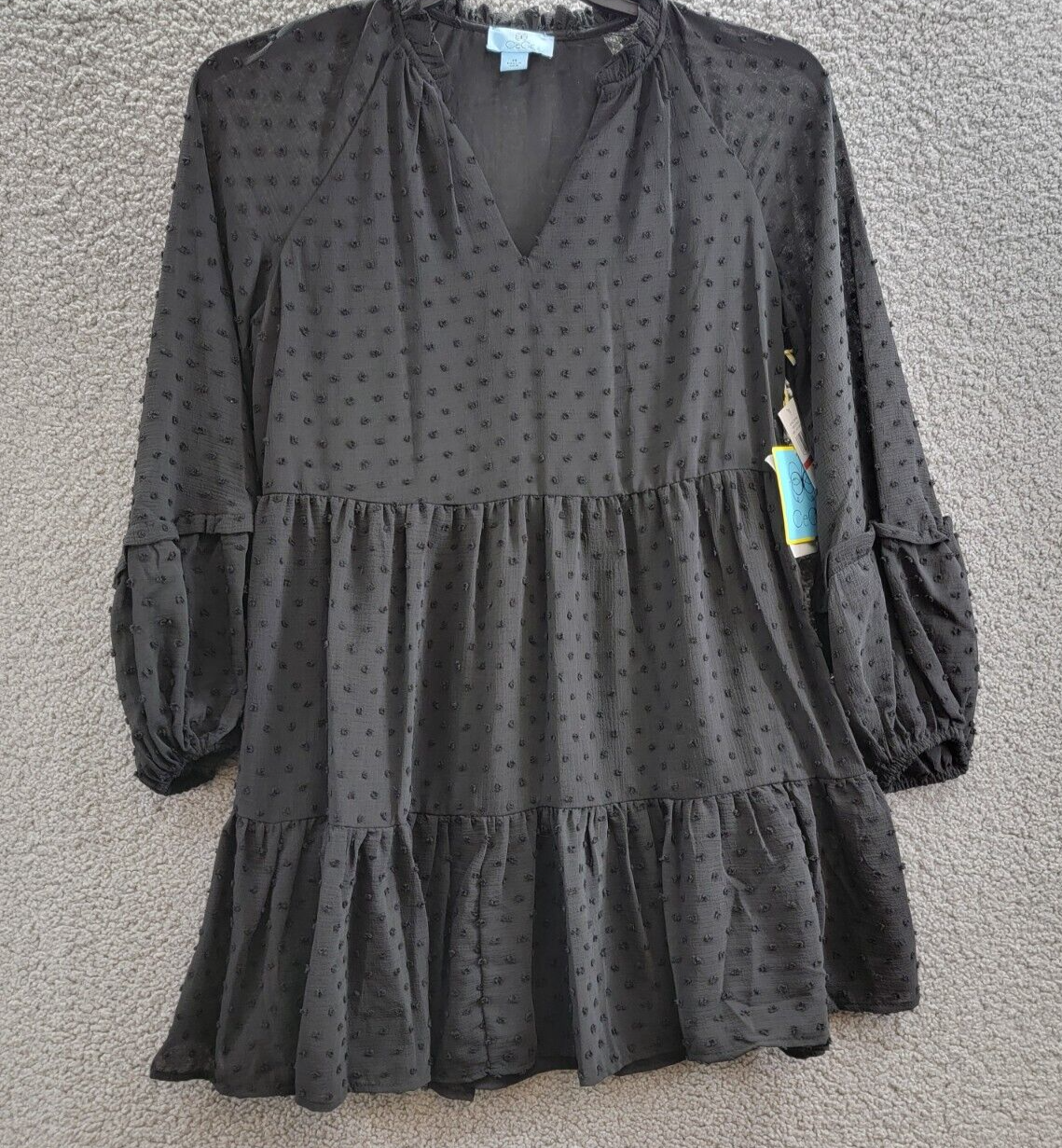 CeCe Clip Dot Ruffled Mini Dress Women's XS Black V-Neck Long Sleeve Pullover - Picture 2 of 15