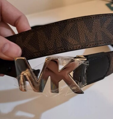 Michael Kors Mens Belt Brown Authentic MK Plaque Logo 36 Gunmetal Buckle New $98