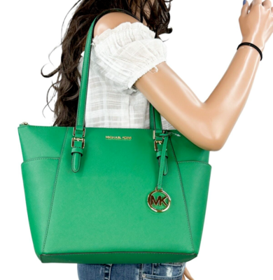 MICHAEL KORS CHARLOTTE LARGE TOP ZIP SAFFIANO LEATHER TOTE BAG