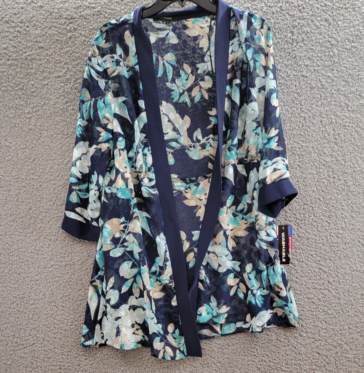 R & M Richards Floral Jacquard Jacket Womens 12 Blue Multi Open Front 3/4 Sleeve - Picture 2 of 16