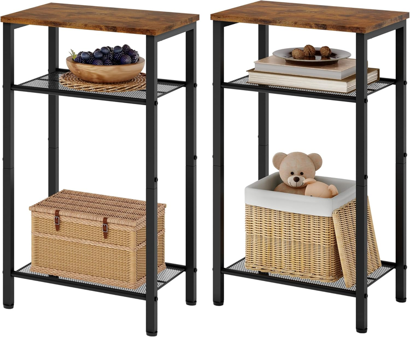 2-Set 3 Tier End Table, Telephone Table Set of 2, Tall Side Table with Storage Set of 2, Small Nightstand for Small Spaces, Metal Frame, for Living Room, Bedroom, Sofa Couch, Rustic Brown