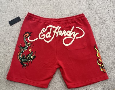 Ed Hardy Shorts Mens Extra Large Y2K Punk Skull Snake Fire Spell Out Red NWT NEW