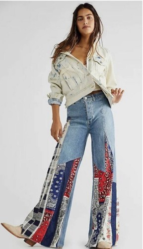 

Free People Cortez Широкая бандана с пирсингом и цветочным принтом, синяя,  НОВИНКА, Blue red white black, we the free cortez wide leg jeans