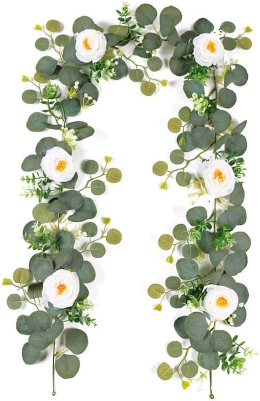 White Silk Eucalyptus Fake Vines, Artificial Money Plant Greenery Garlands for H