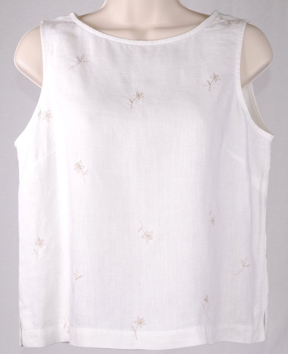 Designer VIEW White & Tan 100% Linen Embroidered 2PC Shirt Set Women Petite MED