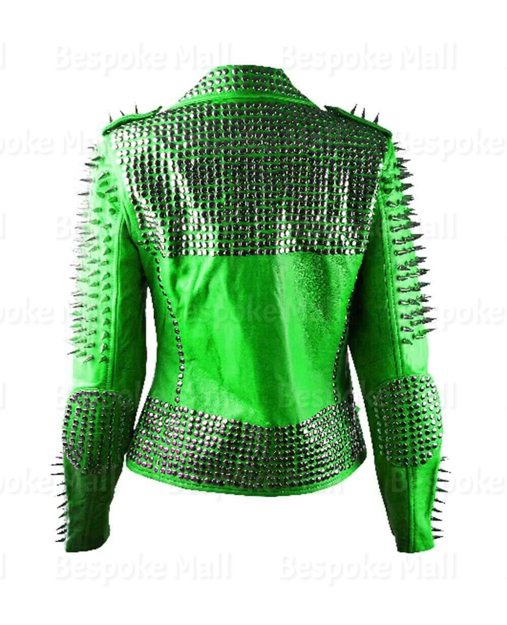 Pre-owned Handmade Woman Green Silver Spiked Studded Punk Rock Cowhide Biker Leather Jacket-378