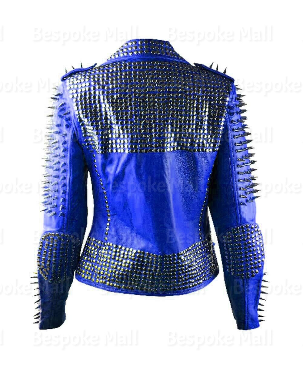 Pre-owned Handmade Woman Blue Full Silver Spiked Studded Punk Cowhide Biker Leather Jacket-711