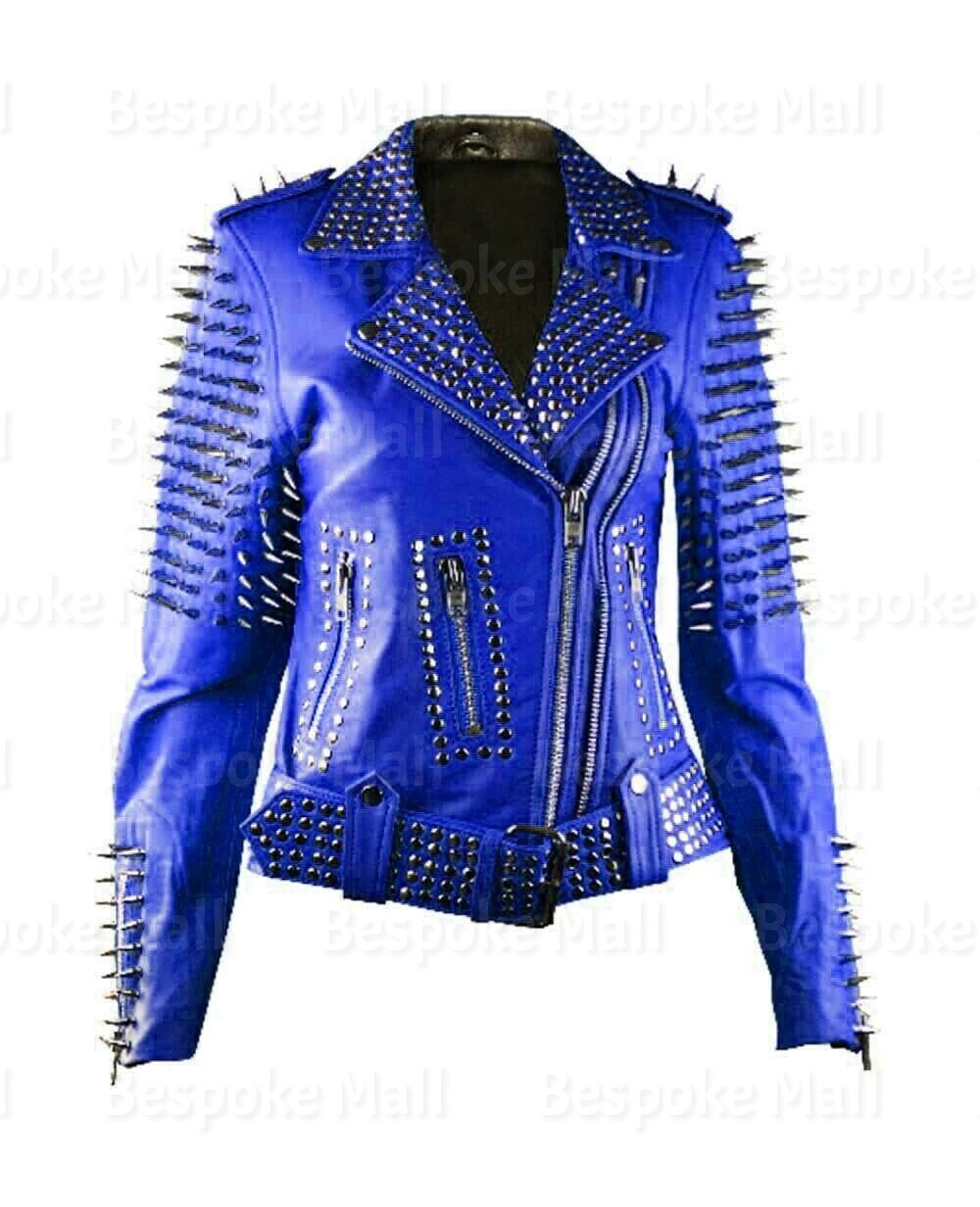 Pre-owned Handmade Woman Blue Full Silver Spiked Studded Punk Cowhide Biker Leather Jacket-711