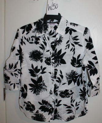 Allison Daley Petite Blouse Top 16P Black White Floral Print W50