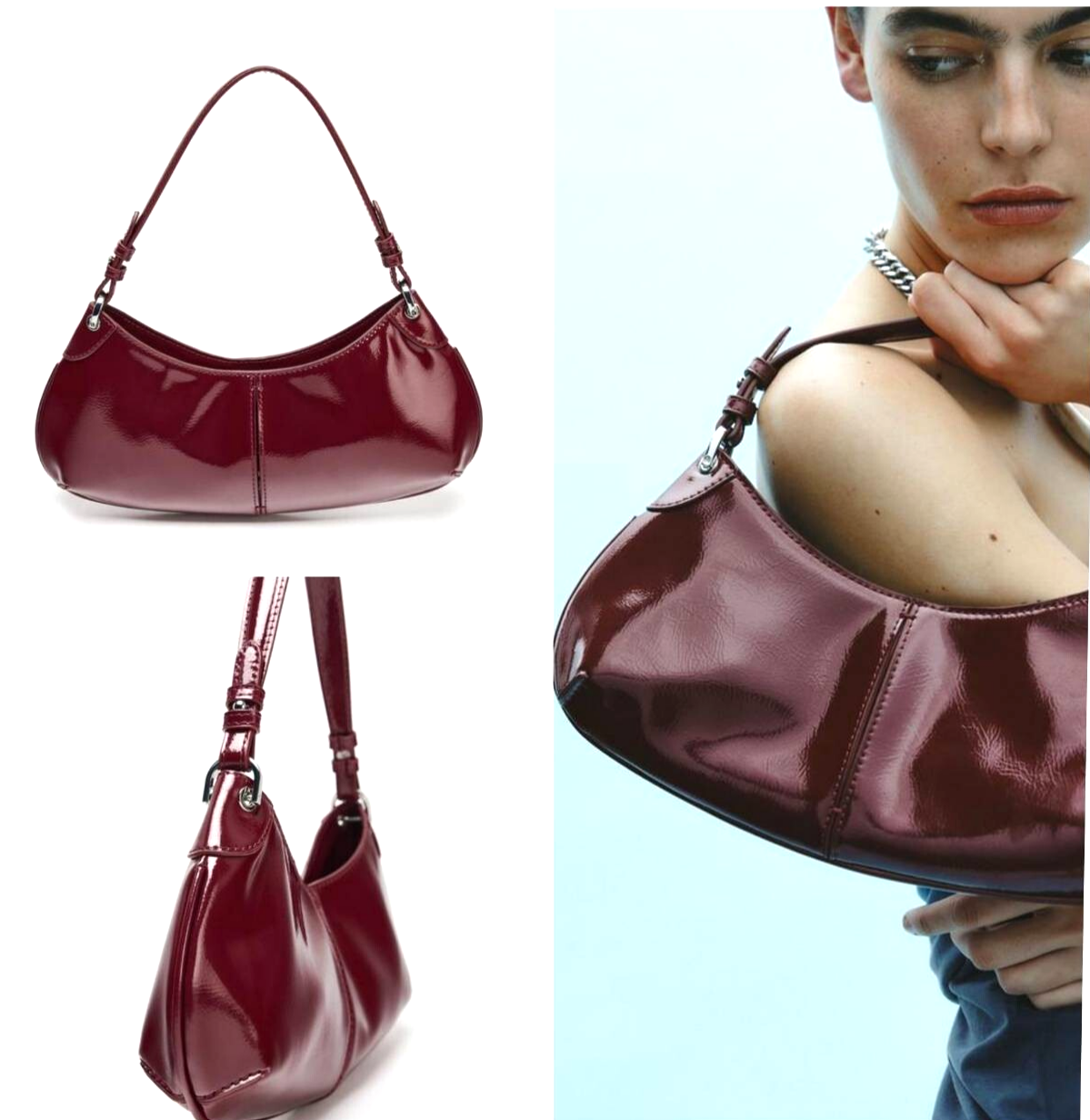 バッグ Sold Zara Faux Patent Leather Shoulder Bag Red 6550/510/600
