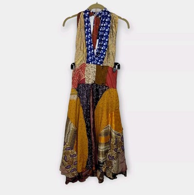 Vtg Jack Pot Silk Recycled Sari Halter Midi Dress M/L Patchwork Multicolor