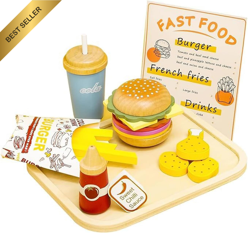 Wooden Play Kitchen Food Set Hamburger Fries Restaurant Pretend Toy Gift